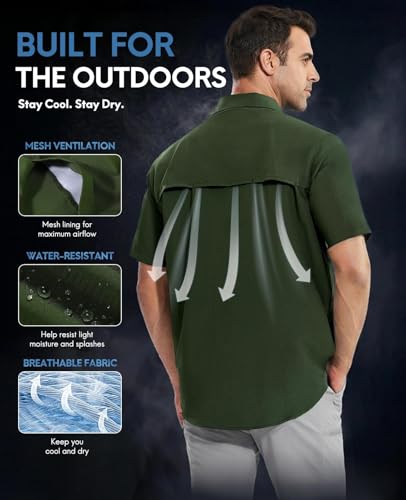 Haimont Men's UPF 50+ Short Sleeve Hiking Button Down Shirt | Quick-Dry Stretch, Mesh Back Vents, Rod Holder & Sunglasses Loops, Outdoor & Travel - color: Army Green, size: XX-Large