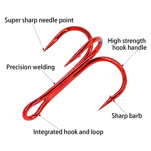 Red Fishing Treble Hooks Kit, High Carbon Steel Hooks Strong Sharp Round Bend for Lures Baits Saltwater Freshwater Bass Fishing 100pcs Mixed 5 Size 2# 4# 6# 8# 10# - color: 100pcs Red Treble Hooks