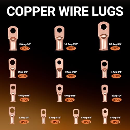 245pcs Battery Cable Ends Kit,AWG 2 4 6 8 1/0 2/0 Gauge,0 Gauge 00 Gauge Heavy Duty Wire lugs, 3/8" Ring Terminal Connectors with 3:1 Heat Shrink Tube & Professional Wire Cutter