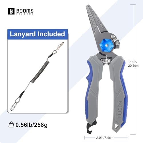 Booms Fishing Pliers Hook Remover: 8.1" Angled Carbon Steel Fish Pliers for Saltwater - Fishing Line Cutter with Lanyard - Braided Cutters & Crimper with Safety Lock, Multi-Function Gear for Men, F09 - style: 8.1" fishing pliers
