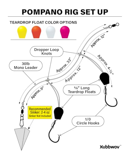 Pompano Surf Saltwater Fishing Rig 6-Pack | Hand-Tied with Mono Leader & Inline Circle Hooks | 2-Drop HI-LO Rig for Redfish Whiting - color: White-Pink, size: 1/0 Circle Hook