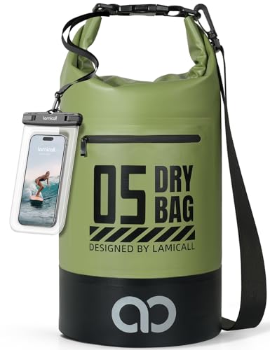 Lamicall Waterproof Dry Bag with Phone Pouch - 5L/10L/20L/30L/40L Floating Roll Top Backpack for Kayaking Boating Beach Camping Fishing - Heavy Duty 500D PVC Marine Dry Sack for Men, Women, Green 5L - color: Olive Green, size: 5L