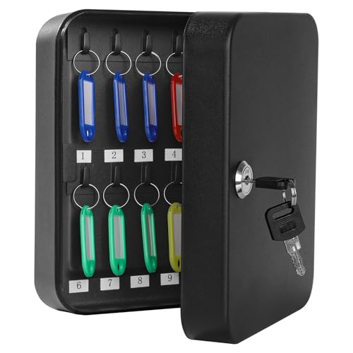 KYODOLED Key Box Wall Mount, Key Lock, 20 Hooks, Black | 20 Key Rings & Tags, Durable Steel, Key Storage for Home, Office & Property Managers, Indoor Use, 3.14"D x 6.3"W x 7.87"H - color: Black With Key Lock