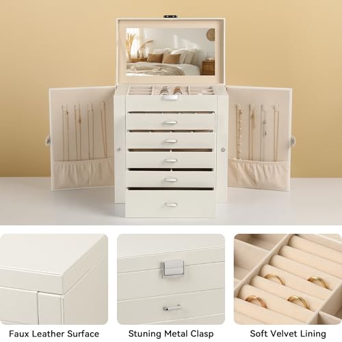 Frebeauty Large Jewelry Box,6-Tier PU Leather Jewelry Organizer,Multi-functional Storage Case with Mirror,Accessories Holder with 5 Drawers for Necklace Bracelets Watches(Pearl White) - color: Pearl White, size: Large