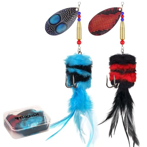 THKFISH Musky Pike Walleye Fishing Lure, Rooster Tail Fishing Lures with Hard Metal Brass Inline Spinner Baits with Tackle Box for Trout Bass Salmon Freshwater Saltwater Lures - color: Black&Blue, size: 1 oz---2pcs
