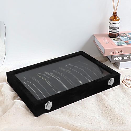 Wudygirl Jewelry Organizer Necklace Organizer Box 20 Hooks Necklaces Holder Display Case Black Velvet Jewelry Organizer with Clear Lid(Black Necklace Tray) - color: Black, size: Necklace