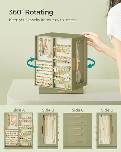 SONGMICS GISELLA Collection - Jewelry Box Organizer 360° Rotating, Vertical Jewelry Storage Case with 5 Drawers, Glass Window, Spacious, Open Design, Great Gift, Laurel Green UJBC170C02 - color: Laurel Green, size: 5 Drawers (6.3"d X 8.7"w X 11.2"h)