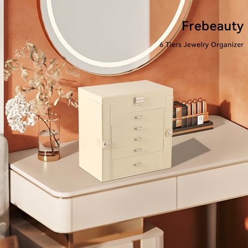 Frebeauty Large Jewelry Box,6-Tier PU Leather Jewelry Organizer,Multi-functional Storage Case with Mirror,Accessories Holder with 5 Drawers for Necklace Bracelets Watches(Beige) - color: Beige, size: Large