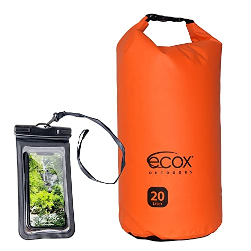ecox Outdoors Waterproof Dry Bag for Outdoors Activities High Grade 500D PVC Construction Includes Waterproof Phone Case and Side Strap for Easy Carry 10L and 20L Models