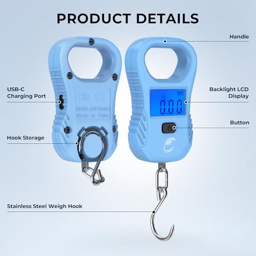 Calamus Lightweight Fish Scale – Rechargeable Digital Scale with USB Cable, 55lb Capacity, Multi-Units Pound/Ounces & Kilograms, High Accuracy, Backlight LCD Display, Fishing Gifts for Men - color: Blue