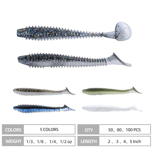 Paddle Tail Swimbaits 100/80/50PCS, 5/4/3/2 inch Soft Fishing Lures Bulk Pack – Durable Lifelike Action Lures for Bass, Trout, Crappie – Freshwater & Saltwater Fishing Gifts - color: Silver Blue, size: 5in, 50pcs