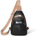 LATMAP 7L Sling Bag for Women Men Crossbody Belt Bag Small Travel Sling Backpack Anti Theft Chest Daypack Purse Faux Leather - color: Black With Brown