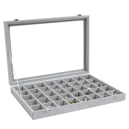Wudygirl Jewelry Organizer Velvet Jewelry Box 40 Grid Earring Holder Organizer with Lid Ring Holder Ring Display Case Adjustable (Gray) - color: Gray, size: 40 Grid
