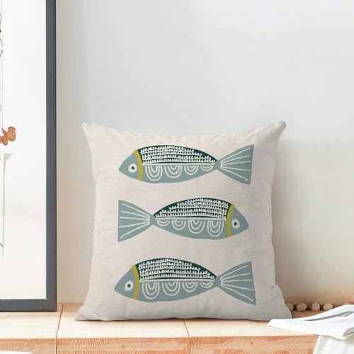 AEIOAE Coastal Pillow Covers 16 x 16 Inch Set of 2, Ocean Beach Blue Fish Print Decorative Throw Pillow Covers Linen Farmhouse Summer Natical Outdoor Pillowcase for Couch Home Sofa Decor - color: Blue Fish, size: 16" x 16" (Pack of 1)