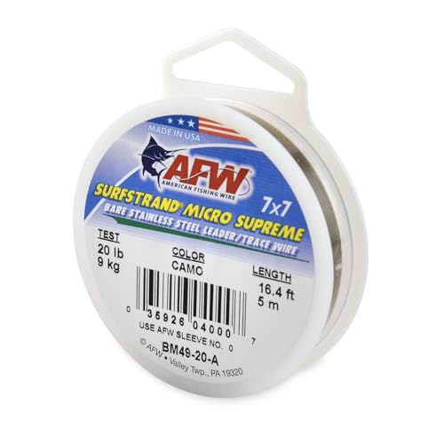 American Fishing Wire Surfstrand Micro Supreme Bare 7x7 Stainless Steel Leader Wire- Fishing Leader Line for Saltwater, 13lb Test - 20lb Test, Camo Color, 5m Length - color: Camo, size: 20 lb / 5m