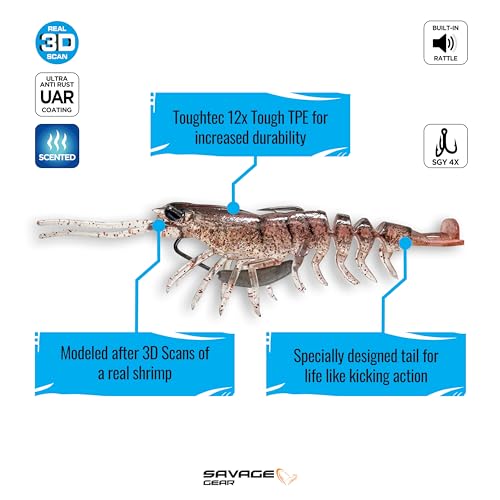 Savage Gear Manic Shrimp V2 Soft Plastic Fishing Bait, Realistic Contours, Colors and Movement, Durable Construction, Weighted Ultra-Sharp Jig Hook - color: New Penny, size: 3 in - 1/4 oz