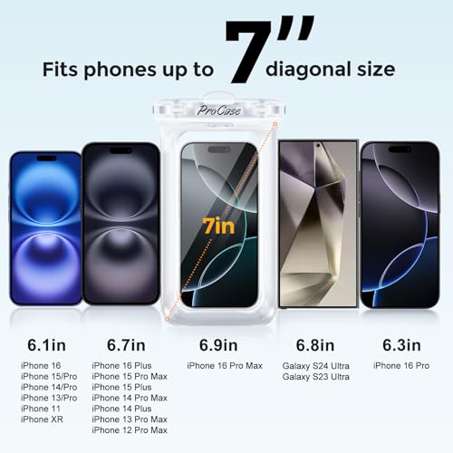 ProCase 2 Pack Floating Waterproof Phone Pouch IPX8, Universal Dry Bag Fits iPhone 17/16/15/14/13 Series, Galaxy S24/S23/S22, Pixel 8/7 (Up to 7”), Touchscreen, Underwater & Snow Protection -Clear - color: Clear