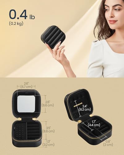 SONGMICS HOME Travel Jewelry Case, Small Jewelry Box Organizer with Mirror, 4.1 x 4.1 x 2.4 Inches, Stitching, Portable, Gift Idea, Ink Black UJBC179B01 - color: Ink Black, size: 4.1"W