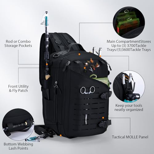 Goture Black Tackle Bag with Trays, Fishing Backpack for Men Professional Fishing Gear Organizer with MOLLE System, Rod Holder - color: Black, style: 900d Water-resistant Oxford Backpack + (3)3600 Trays