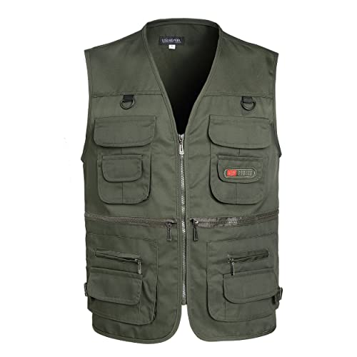 Men’s Fishing Vest Summer Outdoor Work Safari Travel Photo Vest with Multi Pockets - color: Army Green, size: Medium