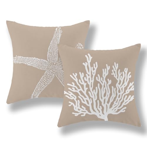 Coastal Pillow Covers 18x18 Inch Set of 2 Brown Tan Coral Starfish Throw Pillows Summer Nautical Beach Ocean Decorations Linen Pillowcase Outdoor Decor Farmhouse Cushion Case for Home Bedroom - color: Brown Starfish Coral, size: 18" x 18" (Pack of 2)
