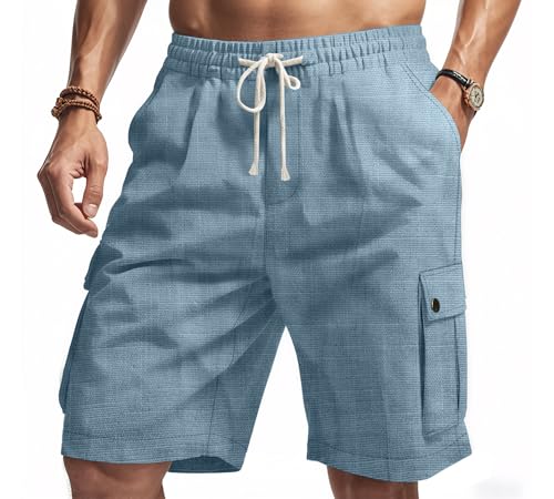 Mens Casual Linen Cargo Shorts Summer Fashion Solid Color Drawstring Elastic Waisted Beach Shorts Pockets - color: Blue, size: XX-Large