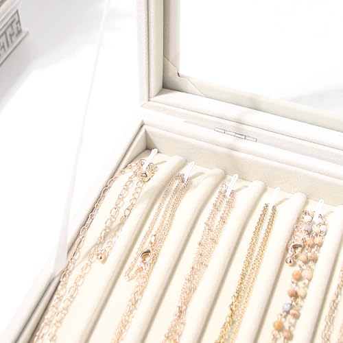 Coward 14 Hooks Necklace Storage Tray, Velvet Neckalce Organizer Box with Clear Lid, Pendant Chain Necklace Jewelry Organizer Drawer Tray for Women Girls (Beige) - color: Beige