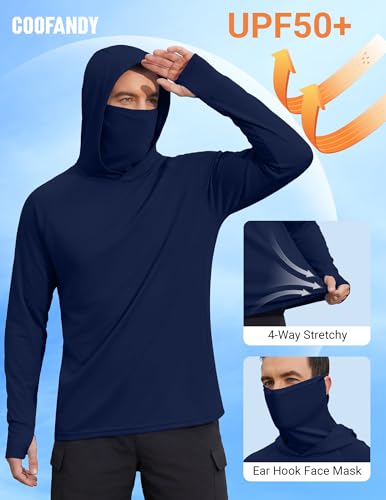 COOFANDY Mens UPF 50+ Sun Protection Hoodie with Mask Lightweight Long Sleeve SPF Fishing Shirts UV Hiking Running Rash Guard - color: Navy Blue, size: Large