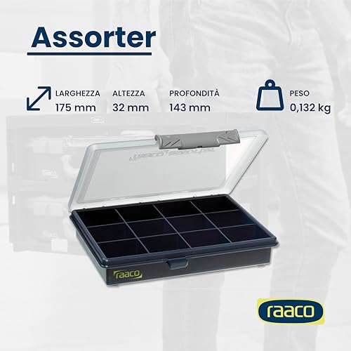 Raaco Assorter Tool Box Organizer – Compact – 12 Slots Fixed Grid with Semi-Transparent Lid, Polypropylene (PP) Storage Box for Screws, Nuts and Bolts, Small Parts & Hardware (Assorter 6-12) - size: Compact –12 Slots, style: Fixed Grid