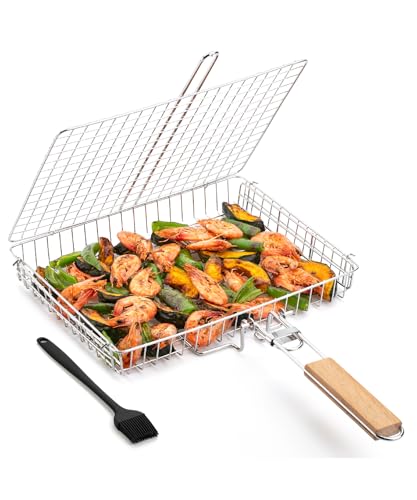 UNCO- BBQ Grill Basket, Folding Portable Stainless Steel BBQ Grill Basket with with Removable Wooden Handle & Basting Brush for Vegetables, Shrimp, Fish, Locking Grilling Basket for Outdoor, Camping - color: Wood Color Handle