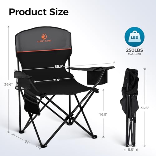 ALPHA CAMP 2-Pack Camping Chair with Cooler Bag, Heavy Duty 250lbs Capacity Folding Chair with Lumbar Support & Side Pocket, Portable Quad Chairs for Beach Fishing Tailgating & Sideline Sport - color: Black&grey