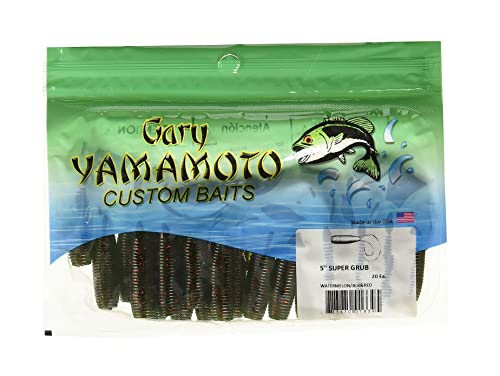 Yamamoto 5" Single Tail Grub Soft Plastic Fishing Angling Swimbait Lures with Tail-Curling Action - 20 Pack - color: WATERMELON W/ BLACK & RED FLAKE (20 PACK), size: 5" SUPER GRUB