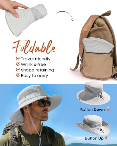 FURTALK Mens Bucket Sun Hat UPF 80+ Wide Brim Hiking Fishing Beach Outdoor Hats - color: Light Grey