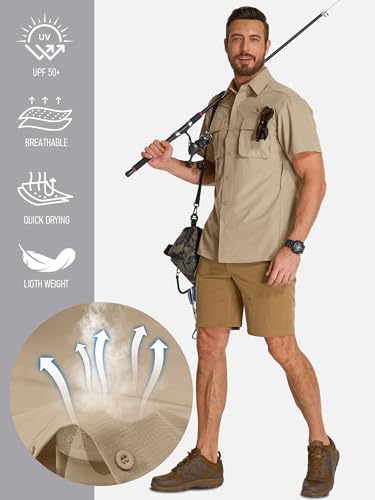 Mens Short Sleeve Button Down Shirts UPF 50+ Sun Protection Quick Dry Fishing Shirt for Travel Hiking Safari Camping - color: Tan Khaki, size: Small