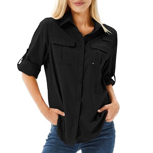 Women's UPF 50 Long Sleeve Sun Protection Shirts Safari Fishing Hiking - color: Black, size: Medium