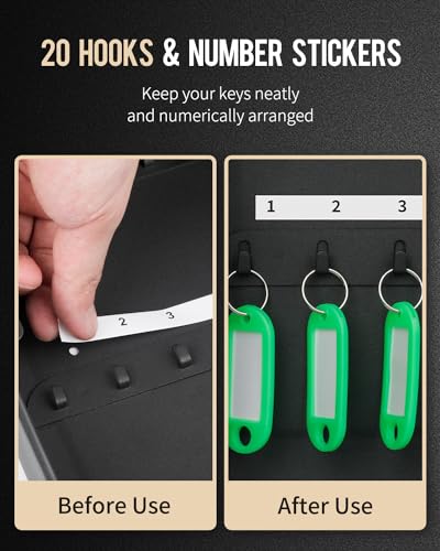 Uniclife 20 Position Key Cabinet with Combination Lock Resettable Black Digital Security Storage Box Steel Key Organizer with Colorful Key Tag Labels Stickers and Hooks - color: Black, size: 20 Keys