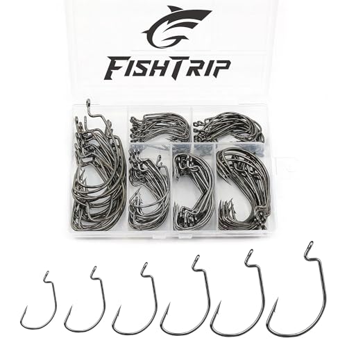 FishTrip 50/100/120pcs EWG Hooks for Bass Fishing Hooks, Extra Wide Gap Offset Worm Hook Texas Rig Fish Hooks for Bass Trout Freshwater Saltwater #4 #2 #1 1/0 2/0 3/0 4/0 5/0 - size: Mixed Set_120pcs