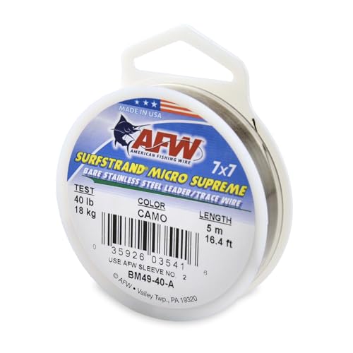 American Fishing Wire Surfstrand Micro Supreme Bare 7x7 Stainless Steel Leader Wire- Fishing Leader Line for Saltwater, 13lb Test - 20lb Test, Camo Color, 5m Length - color: Camo, size: 40 lb / 5m