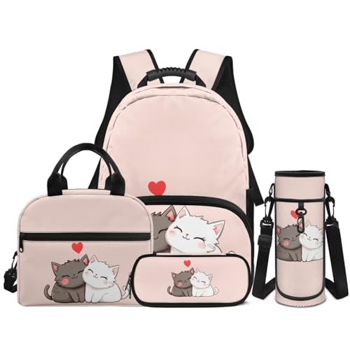 4Pcs Kid's Backpack Set Cute Cartoon Cat Schoolbag with Lunch Bag Pencil Case and Water Bottle Holder for Elementary School Bag Bookbag 17 Inch Daypack Pink - color: Cat
