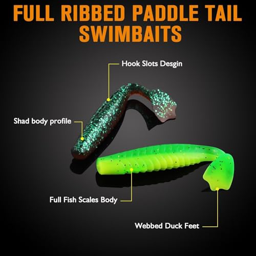 Dovesun Crappie Lures Kit Soft Plastic Baits Paddle Tail Swimbaits Fishing Soft Plastic Lures Crappie Walleye Trout Bass Fishing Baits 60pcs/75pcs - color: Duck Feet-2in-60pcs