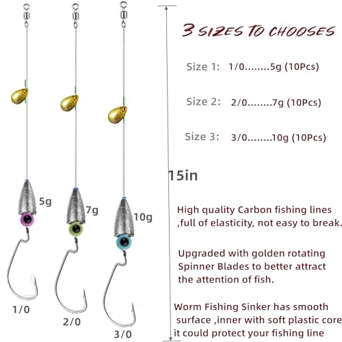 10Pcs Fishing Bullet Weights Texas Rigs Ready Kit,Worms, Sinker (10g/7g/5g), Worm Hooks, Carbon line,Spinner Blades，Eye Beads Bait, Fishing Bass Rig Saltwater Freshwater - size: 1/0, 5g