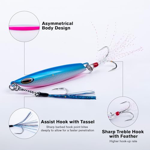 Goture Fishing Jigs, 30g 40g 50g 60g Vertical Jig Saltwater Freshwater, Jig Lures with Assist Hook and Treble Hook, 5PCS Jigging Spoon Lures with Tackle Box, Fishing Jigs for Tuna, Salmon, Bass - color: A1 with Tackle Box, size: 50g