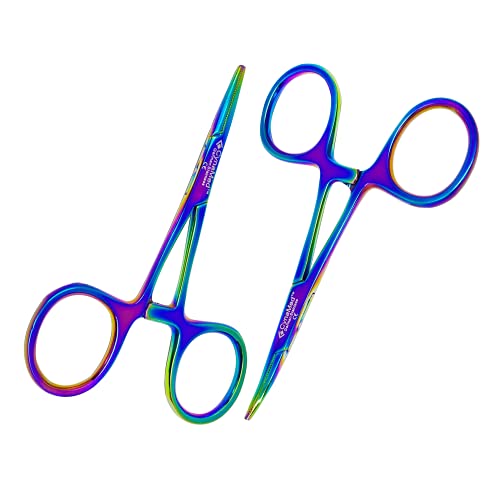 Cynamed Mosquito Hemostatic Forceps with Multicolor/Rainbow Titanium Coating - Premium Quality - Hemostat Clamping Pliers with Serrated Jaws - 3.5 in. (Curved) - style: Curved
