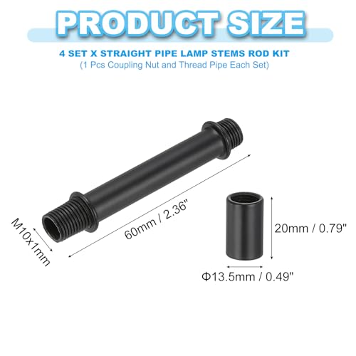 PATIKIL Straight Pipe Lamp Stems Rod Kit, 4Set M10 Carbon Steel 60mm(2.36") Long Double End Thread Rod with Coupling Nuts Sleeve Connector for Table Lamps Chandeliers, Black - color: Black, size: 60mm(2.36")
