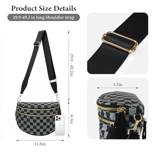 Crossbody Bags for Women, Checkered Crossbody Bum Bag, Spacious Nylon Shoulder with Removable Adjustable Strap (gray-black checkered) - color: gray-black checkered