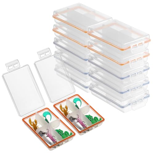 JUXYES 12 Pack Plastic Small Fishing Tackle Box Organizer with 4 Compartments, Clear Mini Fishing Tackle Storage Boxes with Dividers, Transparent Fish Pocket Tackle Storage Box Lure Box - size: 12 Pack