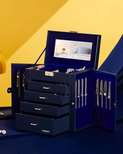 Homde Synthetic Leather Huge Jewelry Box Mirrored Watch Organizer Necklace Ring Earring Storage Lockable Gift Case (Dark Blue + Gold) - color: Dark Blue + Gold