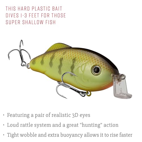 Strike King Hybrid Hunter Shallow Jr. Fishing Lure, Shallow Diving Crankbait, 90-Degree Bill, 3D Eyes, Loud Rattle, Dives 1 to 3-Feet,Size 4 & 6 Treble Hooks - color: Chartreuse Perch, size: 1/2 oz