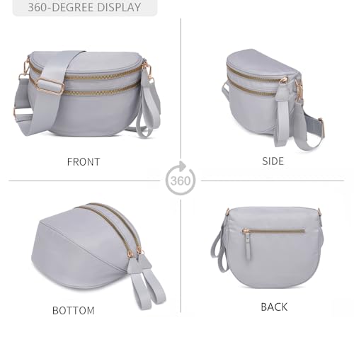 Pure Colour Crossbody Bum Bags for Women Spacious Checkered Cross body Bag Nylon Trendy Fanny Pack for Travel - color: Light Grey