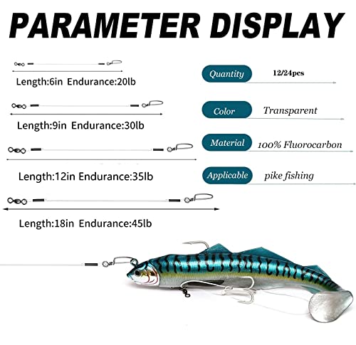 Fluorocarbon Fishing Leader,20LB-80LB Fluorocarbon Leaders for Saltwater Freshwater,100% Fluorocarbon Leaders Line with Swivels and Snap… - color: 12pcs, size: 18in-45lb